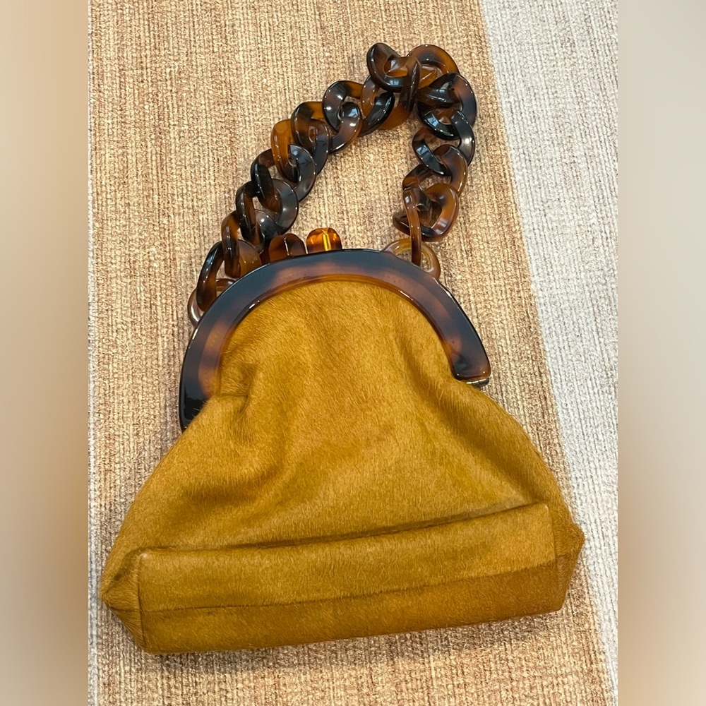 Anthropologie 100% Calf Hair Mini Top Handle Bag 8” brown and tortoiseshell - Picture 4 of 10